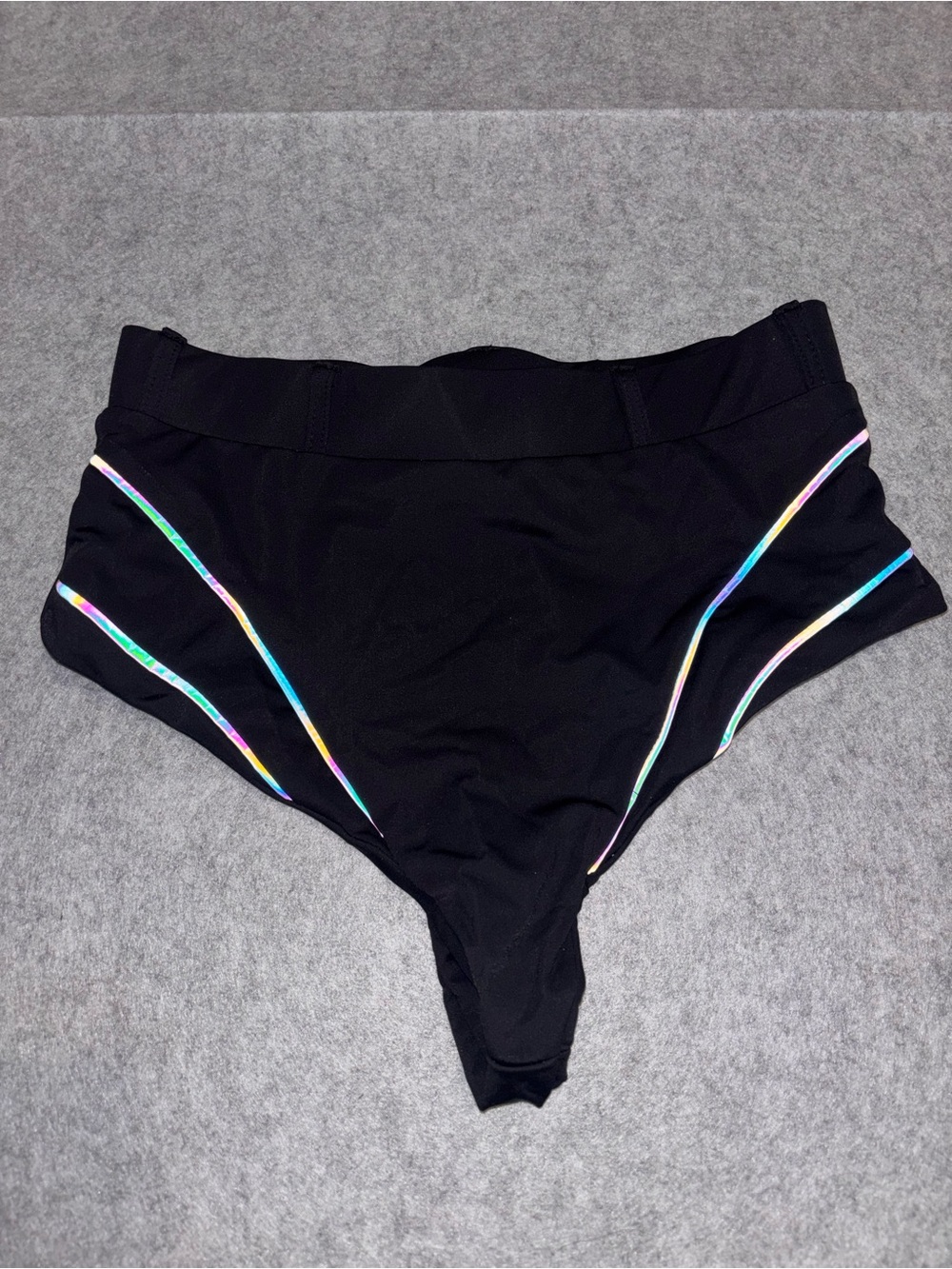 iHeartRaves Black Rainbow Reflective Stripe High Waisted Cheeky Rave Bottoms